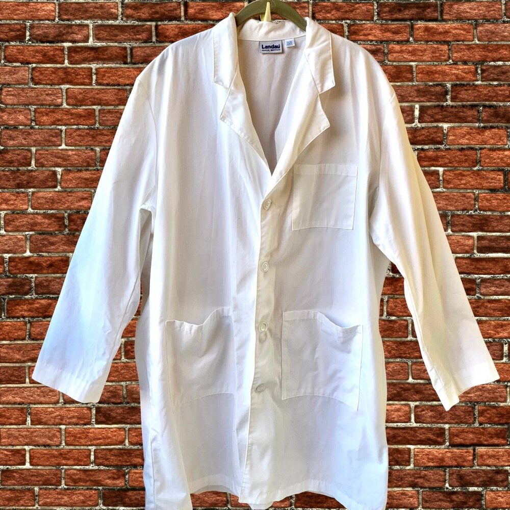 Landau White Lab Coat Notch Collar Button Front 3 Pockets HAND HOLE mens large